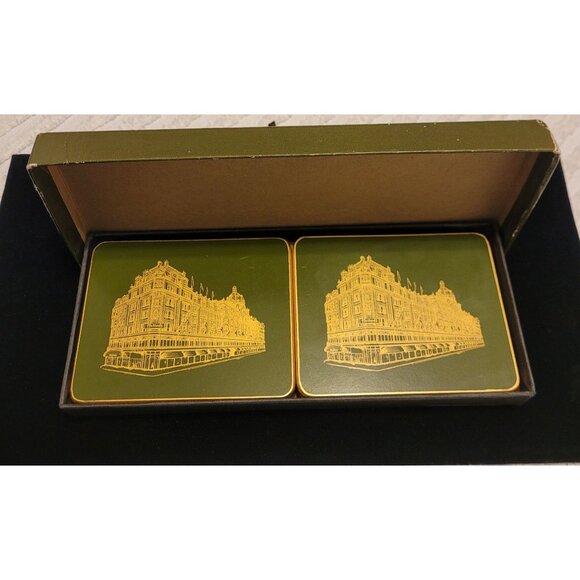 Vintage Harrods Luxury British Department Store Felt Back Gold Trim Coaster Set - Picture 7 of 7